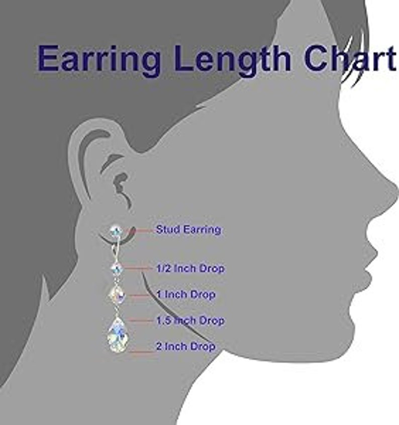 May include: A chart showing the different lengths of earring drops, from stud earrings to 2 inch drops. The chart is illustrated with a side profile of a person's ear with earrings of different lengths.