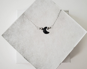 Black Tourmaline Moon Necklace, Simple Tourmaline Necklace, October Birthstone Necklace, Simple Moon Necklace, Black Tourmaline Necklace