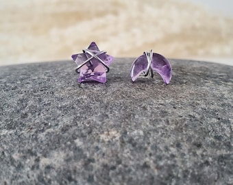 Amethyst Stud Earrings, Moon And Star Earrings, February Birthstone, Amethyst Moon Earrings, Minimalist Earrings, Stainless Steel Earrings