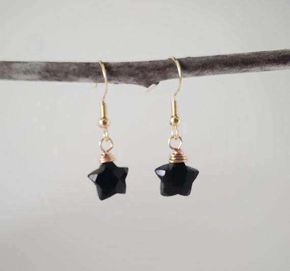 Black Onyx Star Earrings, Black Onyx Earrings, Gold Earrings, Dangle Earrings, Wire Wrapped Jewelry, Star Lover Jewelry,  Celestial Earrings