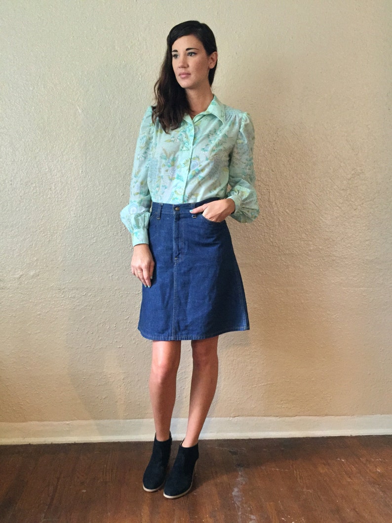 1960s Boho Floral Blouse with Bishop Sleeves Turquoise Mint Green Hippie Long Sleeved Button Down Shirt
