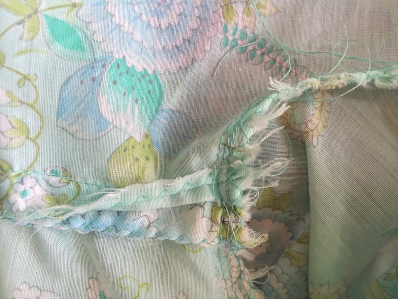 1960s Boho Floral Blouse with Bishop Sleeves Turquoise Mint Green Hippie Long Sleeved Button Down Shirt