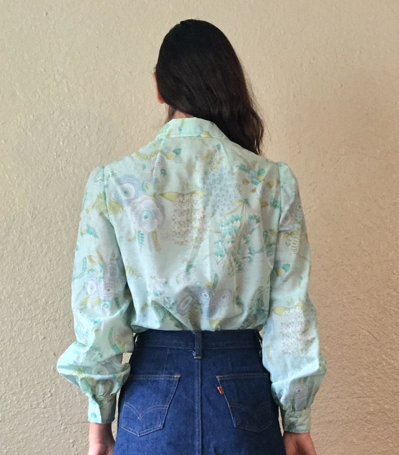 1960s Boho Floral Blouse with Bishop Sleeves Turquoise Mint Green Hippie Long Sleeved Button Down Shirt