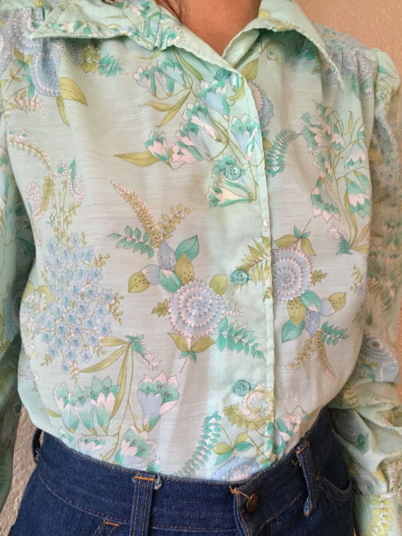 1960s Boho Floral Blouse with Bishop Sleeves Turquoise Mint Green Hippie Long Sleeved Button Down Shirt