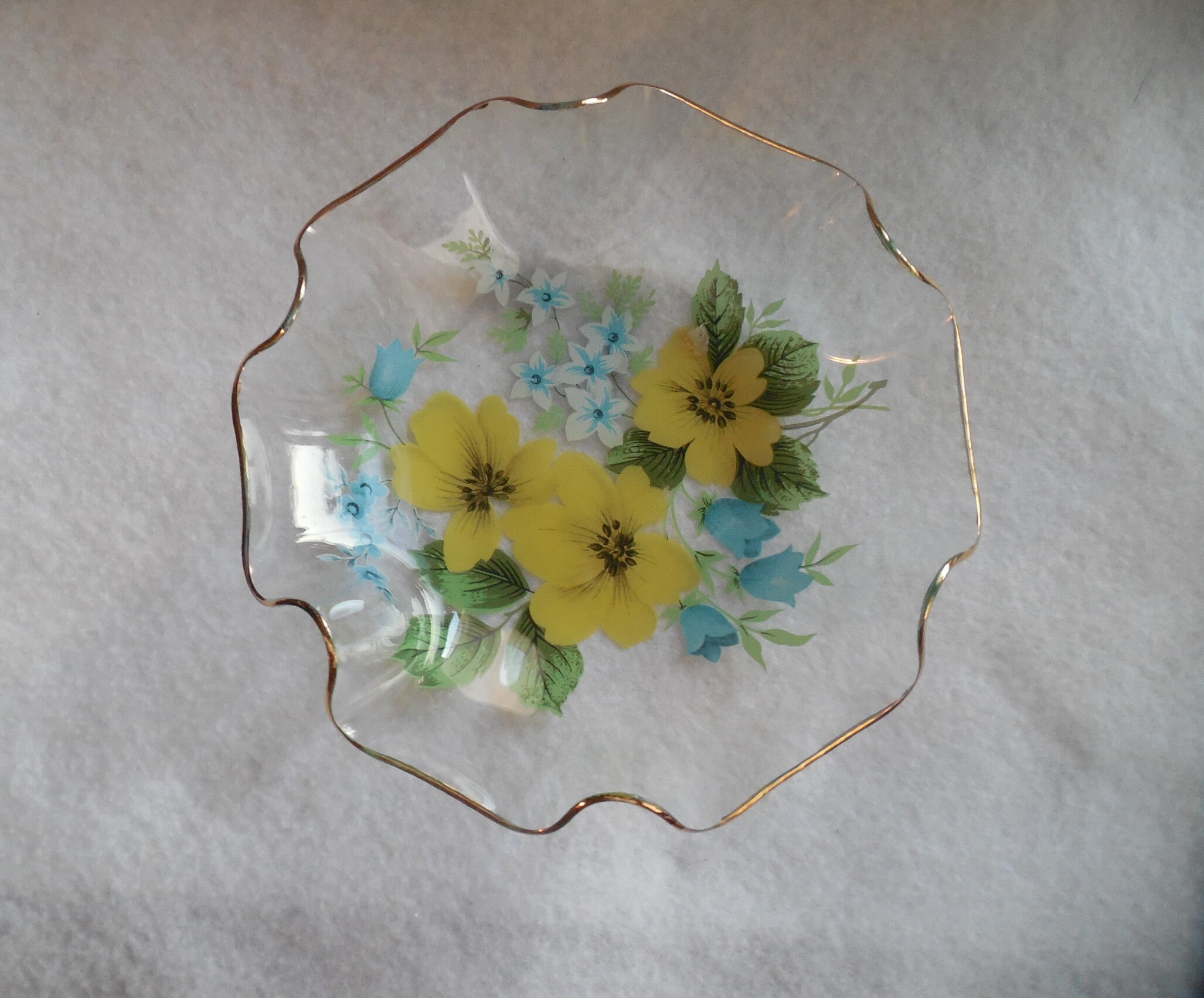Floral Glass Dish With Gold Trim Blue Flower Yellow Flower Vintage