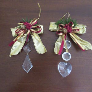 2 Pink Victorian Glass Decoration, Romantic Ribbons, Roses, Teardrop Crystal, Crystal Heart, Burgundy Gold Ornament, Victorian Christmas