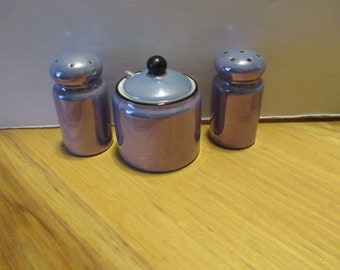 Miniature Iridescent Blue Lusterware Condiment Set with Jar with Lid and Spoon, Salt and Pepper Shakers, childrens dishes