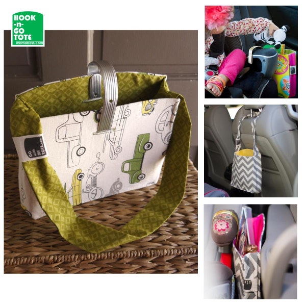 Unique Hook Handle Tote with Attached Strap. 1 of a Kind Patent-Pending Design. Handmade in USA.Green & Yellow Cars w/green pattern inside