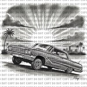 May include: Black and white pencil drawing of a classic lowrider car with a sunset backdrop, palm trees, and a city skyline. The car is angled, showcasing its details. The artist's signature, "El Vago," is in the bottom right corner.