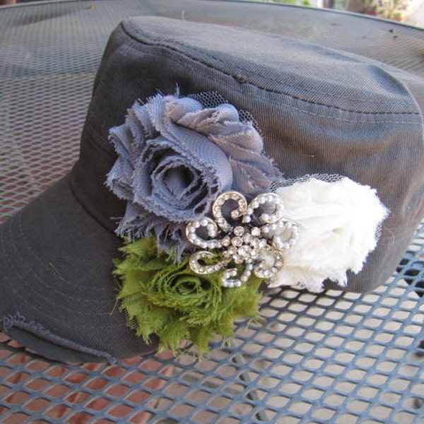 Dark Gray Hat, Military Cadet Hat, Cadet Hat, Shabby Flower Hat, Women Hat, Military Caps, Rhinestone Cadet Cap Rhinestone Cadet Cap