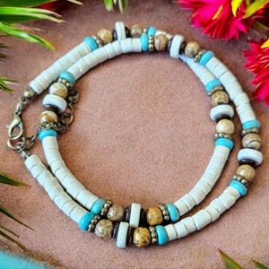 Handmade Hawaiian Beach Surfer Necklace for Men White Coconut Beads and Turquoise Tropical Summer Jewelry