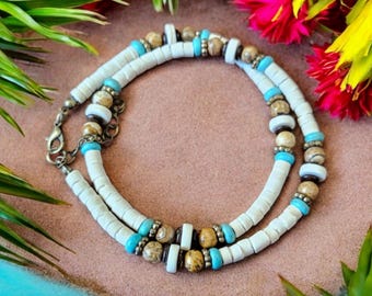 Handmade Hawaiian Beach Surfer Necklace for Men White Coconut Beads and Turquoise Tropical Summer Jewelry
