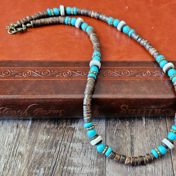 Trendy Hawaiian Boho Surfer Necklace Brown Coconut Beads and Turquoise