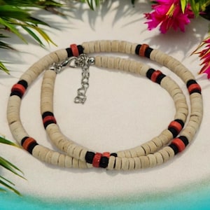 Trendy Handmade Hawaiian Boho Surfer Necklace with White and Black Coconut Beads and Pink Howlite