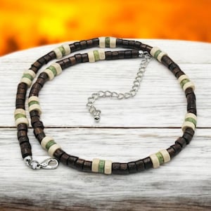 Trendy Handmade Hawaiian Boho Surfer Necklace Brown and White Coconut Beads and Green Howlite