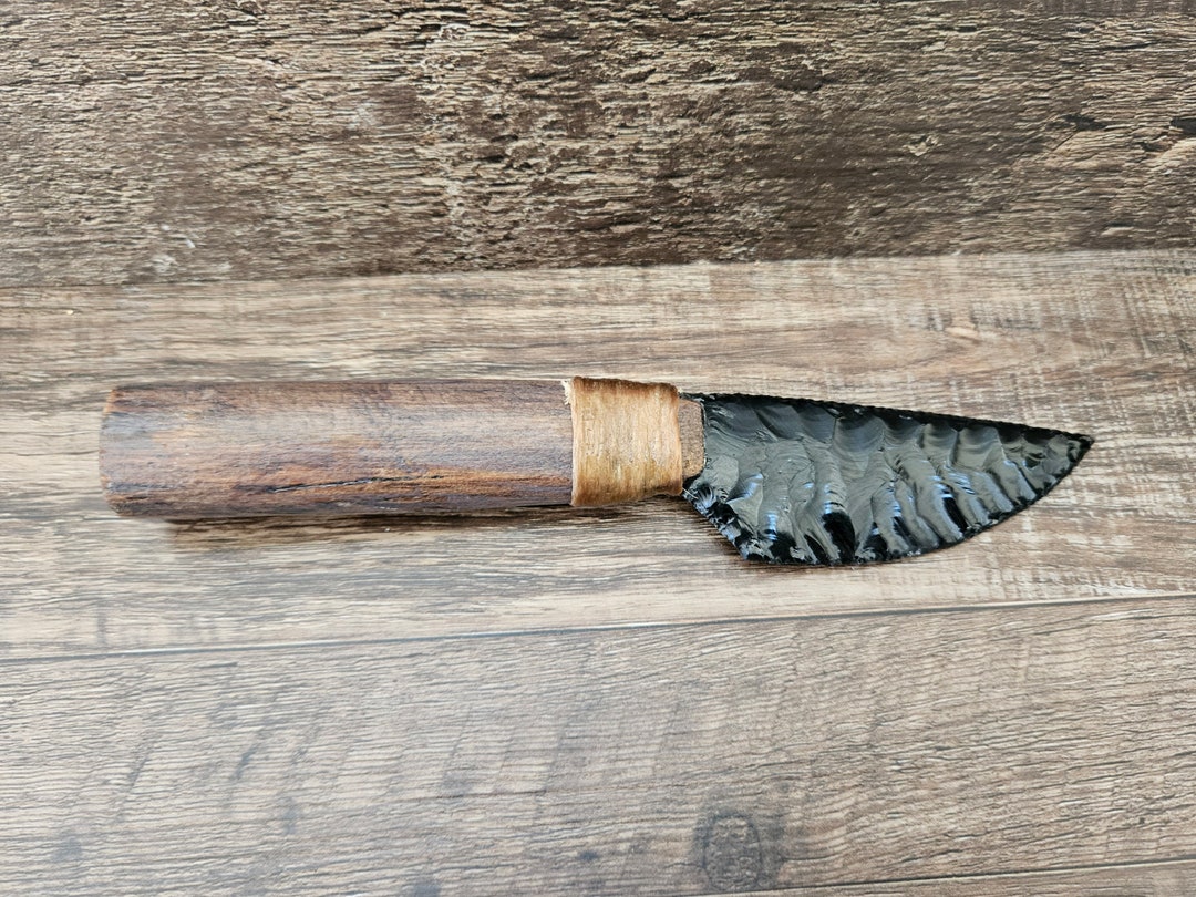 Native American Flint Knapped Obsidian Knife, Artificial Sinew, Hand