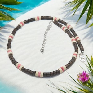 Trendy Handmade Hawaiian Boho Surfer Necklace Brown and White Coconut Beads and Pink Howlite