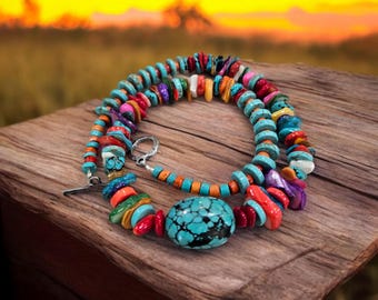 Women&#39;s Navajo inspired Southwest necklace with Tibetan Turquoise, and color infused shell. Western style artisian pewter toggle clasp.