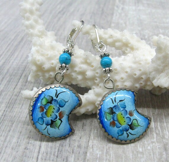 Blue Half moon dangle earrings recycled vintage painted enamel earrings Turquoise semi circle earrings something blue upcycled jewelry gift