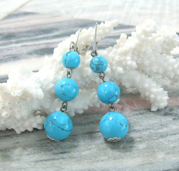 Long Turquoise Earrings Blue Howlite three ball dangles silver Etsy