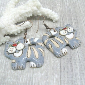 Gray Stripy cats hand crafted  ceramic earrings realistic kitty cat jewelry cat lover gift in colors of your pet
