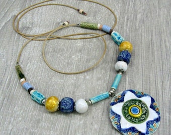 Slavic Artisan ceramic jewelry Blue and white ceramic necklace Ukrainian jewelry ceramic pendants 6 ray star bead necklace clay jewelry