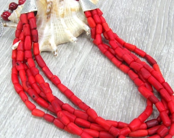 Natural Red Coral 5 strands statement Necklace 24 inches Ukrainian ethnic fashion jewelry multi strand gemstone necklace