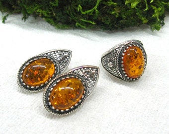 Vintage Ring Earrings Set Natural Baltic Amber USSR jewelry from the 70s Honey Amber in dark silver Mother's gift Thanksgiving Get Well