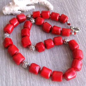 Natural Red Coral Necklace 22 inches chunky strand large cylinder beads Ukrainian folk wedding jewelry