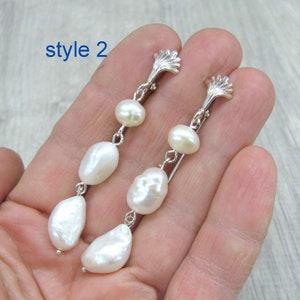 Long nugget pearl earrings natural white baroque pearl drop earrings in sterling silver with shell shaped top style 2