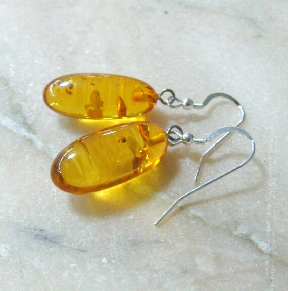 Boucles D'oreilles Pendantes Argent Massif - Perles D'ambre Miel, Occasion