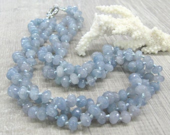 Aquamarine colored quartz multi strand necklace aqua blue beaded necklaces triple strand statement necklace 3 rows gift mother of bride