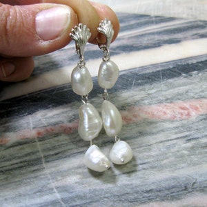 Long nugget pearl earrings natural white baroque pearl drop earrings in sterling silver with shell shaped top image 10