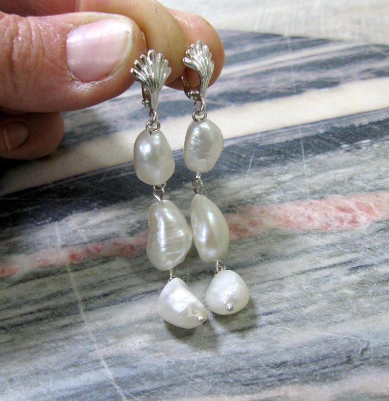 Long nugget pearl earrings natural white baroque pearl drop earrings in sterling silver with shell shaped top image 10