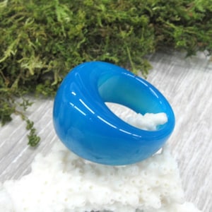 Carved stone rings Something Blue dyed agate ring very large solid stone statement ring for him or her dome ring buffed top gemstone ring