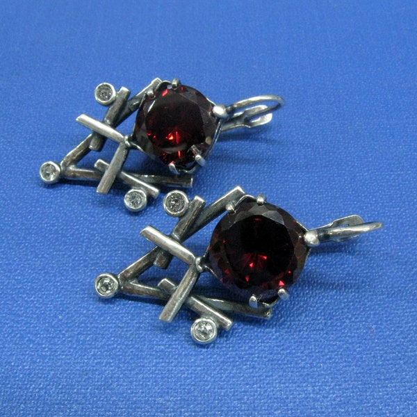 Russian vintage silver earrings Red garnet imitation Swarovski crystal jewelry goth earrings latch back earrings sparkling red earrings