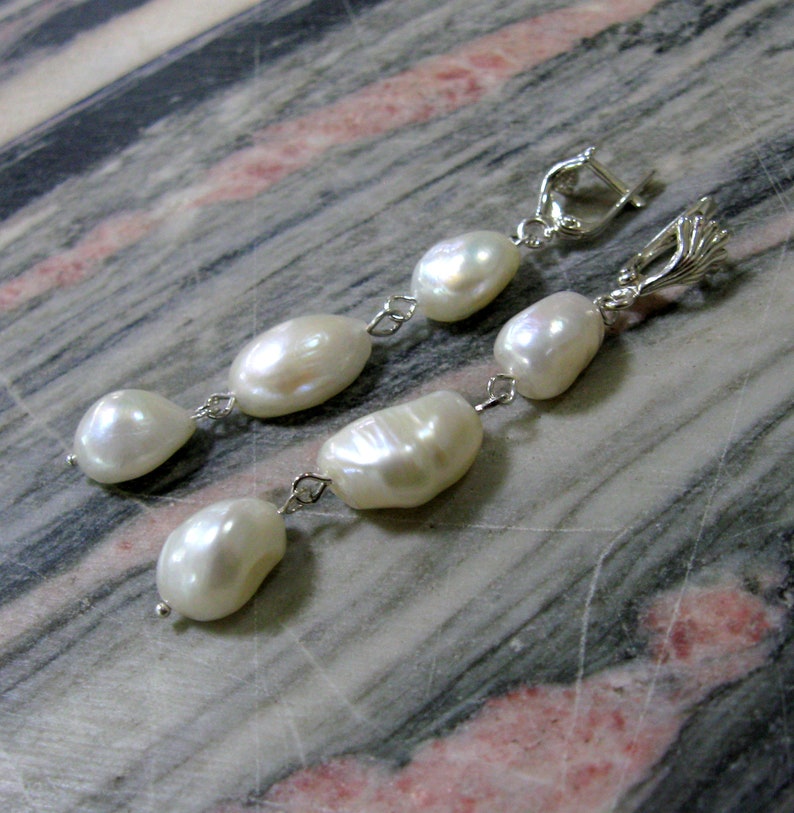 Long nugget pearl earrings natural white baroque pearl drop earrings in sterling silver with shell shaped top image 4