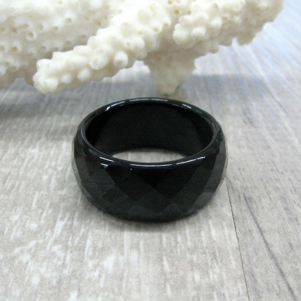 Black onyx 8 9 mm wide faceted band solid stone black ring size 4 to 8 3/4unisex gemstone rings carved stone bands for man woman