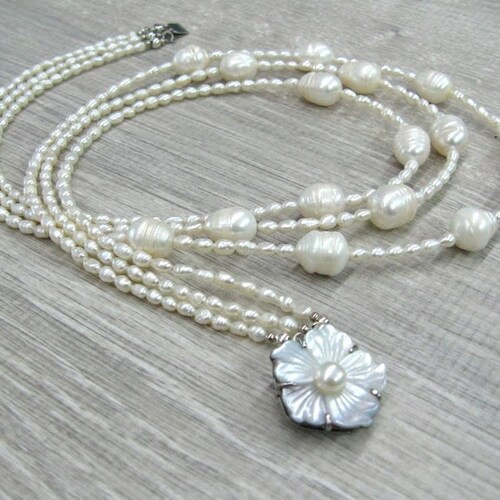 Triple pearl necklace layering multi strand necklaces Mother's day gift for bride wedding pearl shops jewelry white rice pearls freshwater pearls