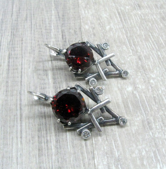 Russian vintage silver earrings Red garnet imitat… - image 7