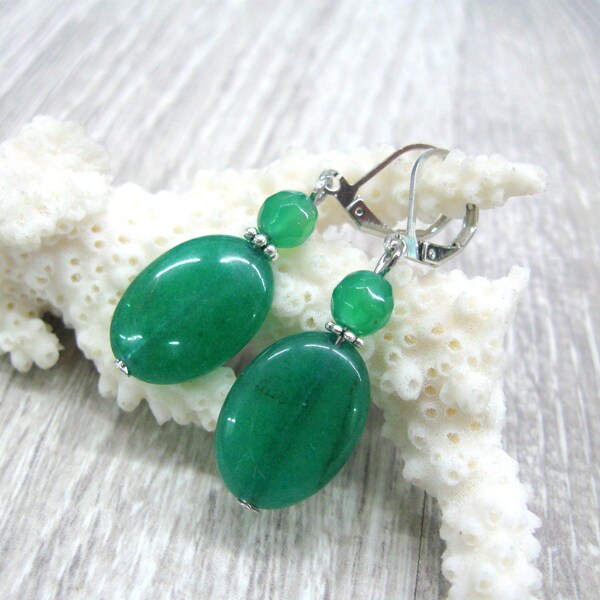 Green stone earrings natural jade and green agate oval dangle earrings emerald green natural gemstone jewelry matching necklace available