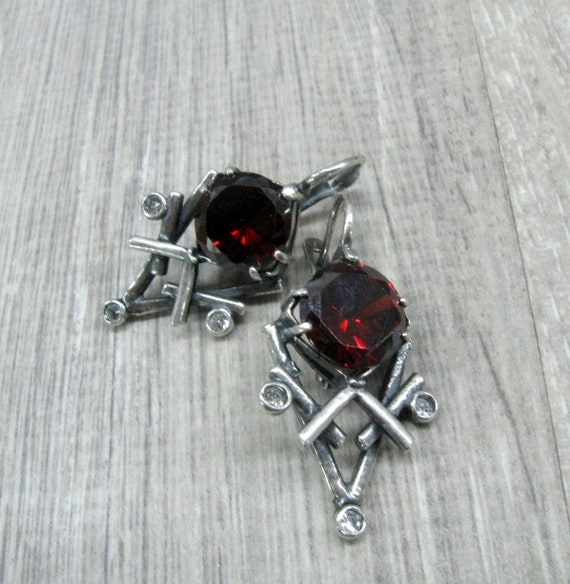 Russian vintage silver earrings Red garnet imitat… - image 4