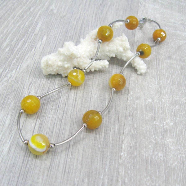 Yellow agate necklace modern beaded stone necklace Geometric jewelry Mustard yellow faceted agate Galaxy necklace 18 inch strand balls tubes