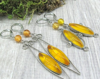 Upcycled Vintage Baltic amber earrings Yellow marquise shape dangle earrings Genuine Baltic Amber recycled jewelry with new ear wires