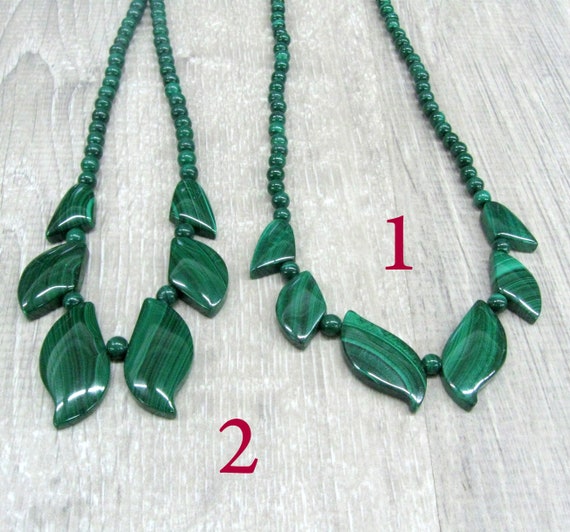 Genuine Malachite Leaf Shaped Beaded Necklace Dark Green Gemstone