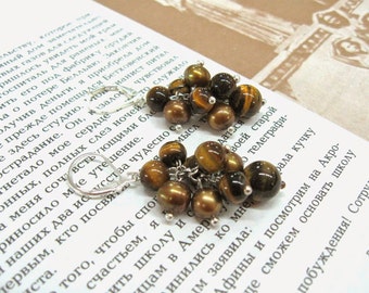 Tiger Eye cluster earrings golden brown freshwater pearls beaded earring natural jewelry eco fashion trendy boho ethnic gift idea for her