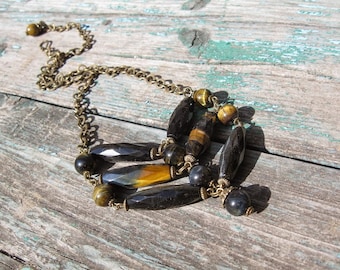 Blau Braun Tigerauge Pfeil Halskette Messing Kette Edelstein Leiter Halskette trendy geometrische Schmuck Naturstein einzigartige rustikale Boho Halskette