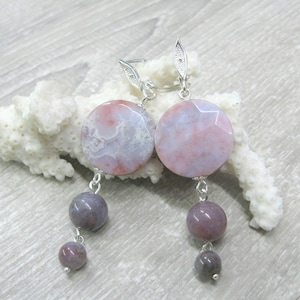 Natürliche rosa Edelstein Ohrringe Fancy Indische Achat in Sterling Silber lange Münze Perle Ohrringe mit Bauarbeiten