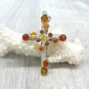 Silver Cross Pendant with inlaid Natural Amber Vintage 90s Christian jewelry collectible gift for women unique cross Christmas gift