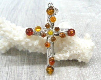 Silver Cross Pendant with inlaid Natural Amber Vintage 90s Christian jewelry collectible gift for women unique cross Christmas gift